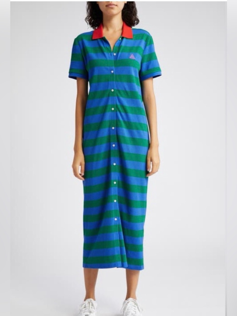 ME. Melody Ehsani Stripe Cotton Midi Polo Dress‎ Blue Green Short Sleeve size M